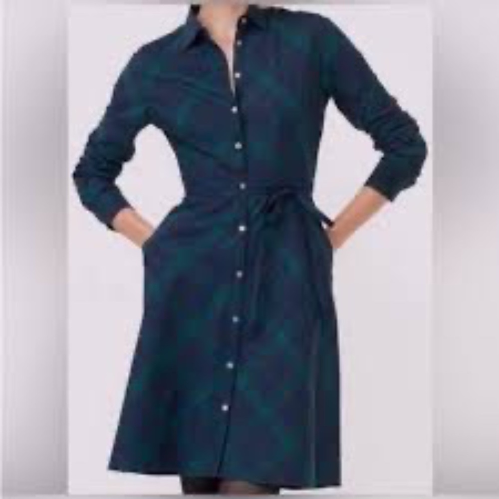 UNTUCKit Navy/Green Holly Plaid Self Belted Shirtwaist Dress Sz 4 - Picture 1 of 7